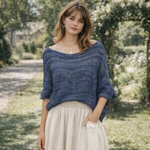 Women's Knitted Thin Blue Blouse Scoop Neck 3/4 Sleeve Small